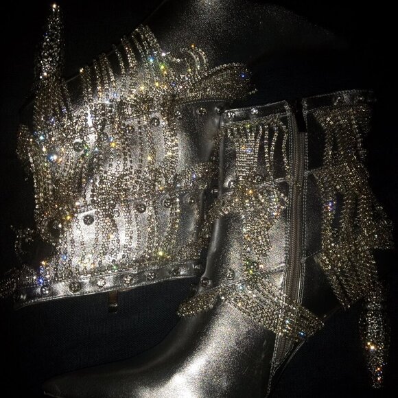 AZALEA WANG " DRIPPED DRAMA " DRIPPING DIAMONDS SILVER FRINGE BOOTIE(BRAND NEW ! - Picture 7 of 7